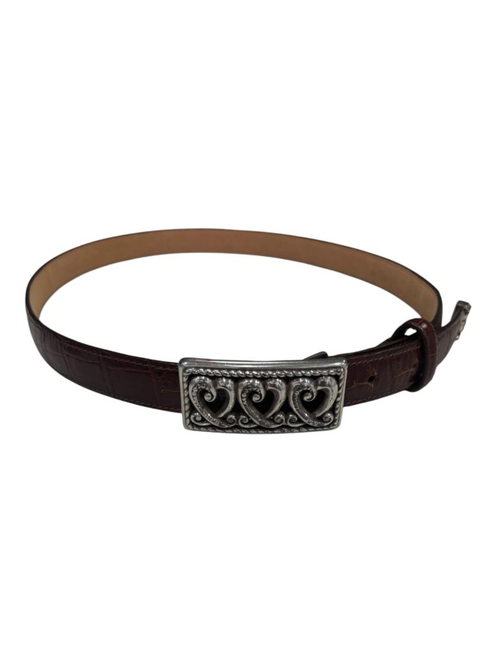 Brighton Brown Croc Embossed Leather Belt Silver Heart Buckle Size Medium